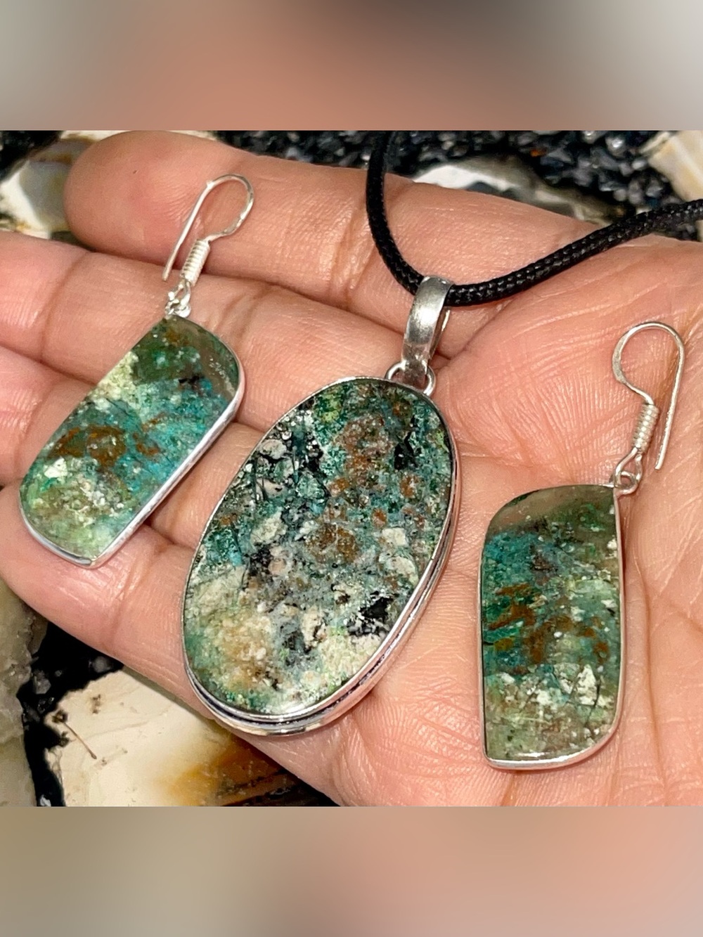 Chrysocolla Crystal Pendant & Earrings